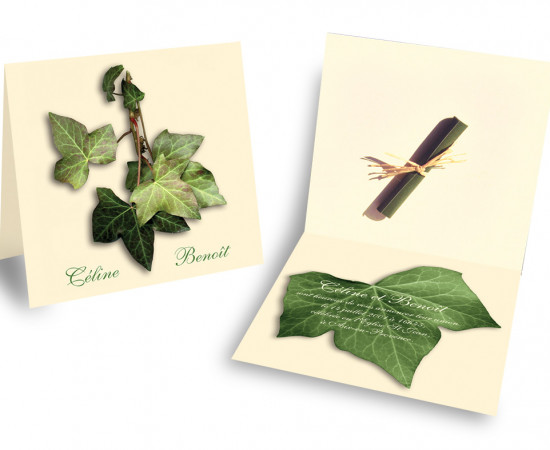 MARIAGE SUR LE THEME DU LIERRE.
Faire-part avec invitation roulée.