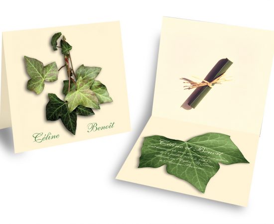 MARIAGE SUR LE THEME DU LIERRE.
Faire-part avec invitation roulée.