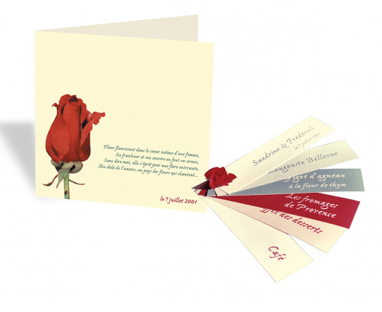 MARIAGE SUR LE THEME DE LA ROSE : Faire-part & Menu.