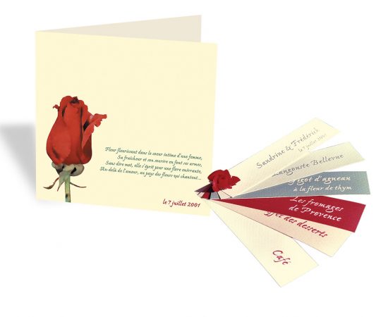 MARIAGE SUR LE THEME DE LA ROSE : Faire-part & Menu.