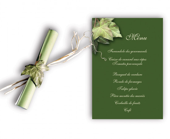 MARIAGE SUR LE THEME DU LIERRE : Menu roulé assorti au faire-part.